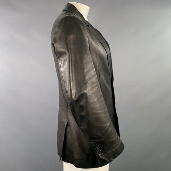 ARMANI COLLEZIONI 42 Black Lambskin Leather Single Breasted Notch Lapel Jacket - Picture 2 of 8